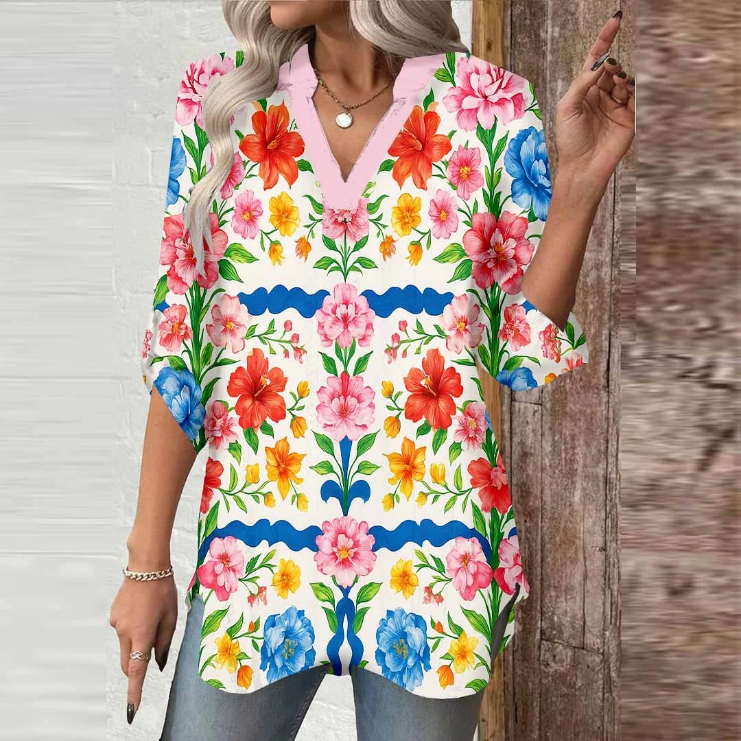 Women Floral, Plaid, Blue, Red DZGA0157 3/4 Sleeve V-neck Printed Graphic Button Tops