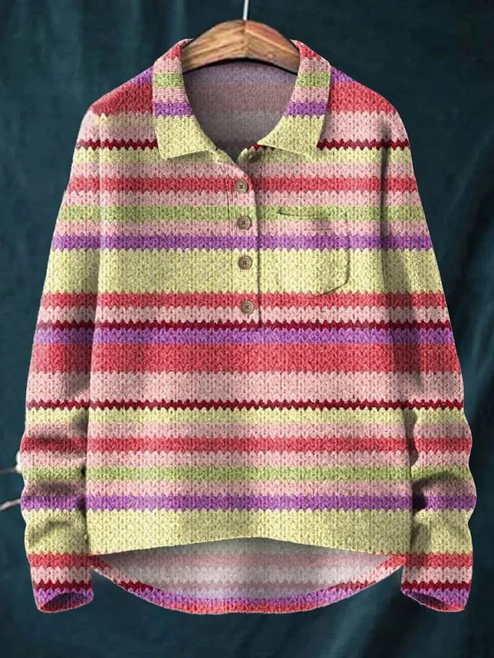 Women's Vintage Striped Pattern Art Print Casual Knit Pullover