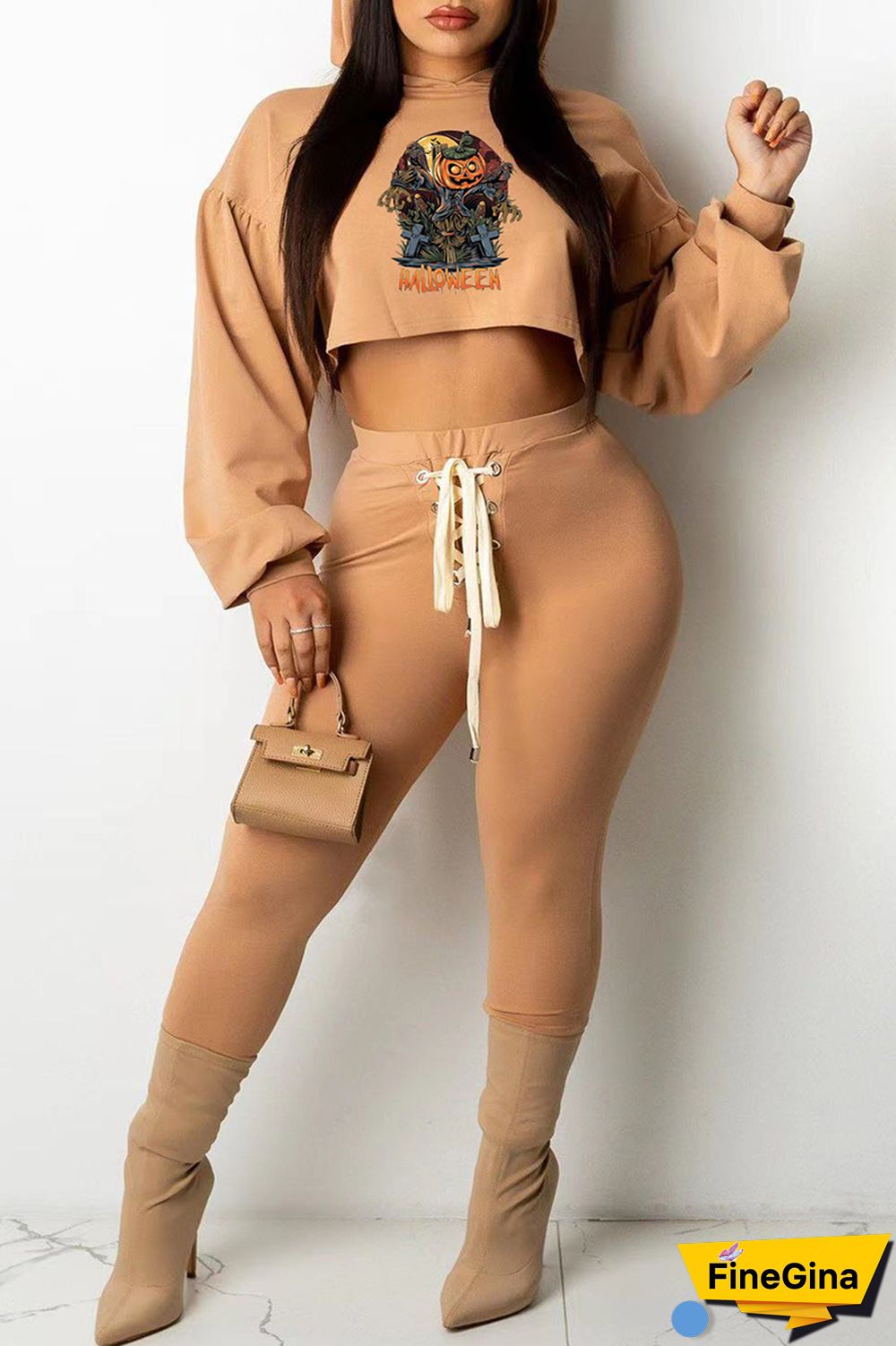 Black Fashion Casual Print Basic Hooded Collar Long Sleeve Two Pieces