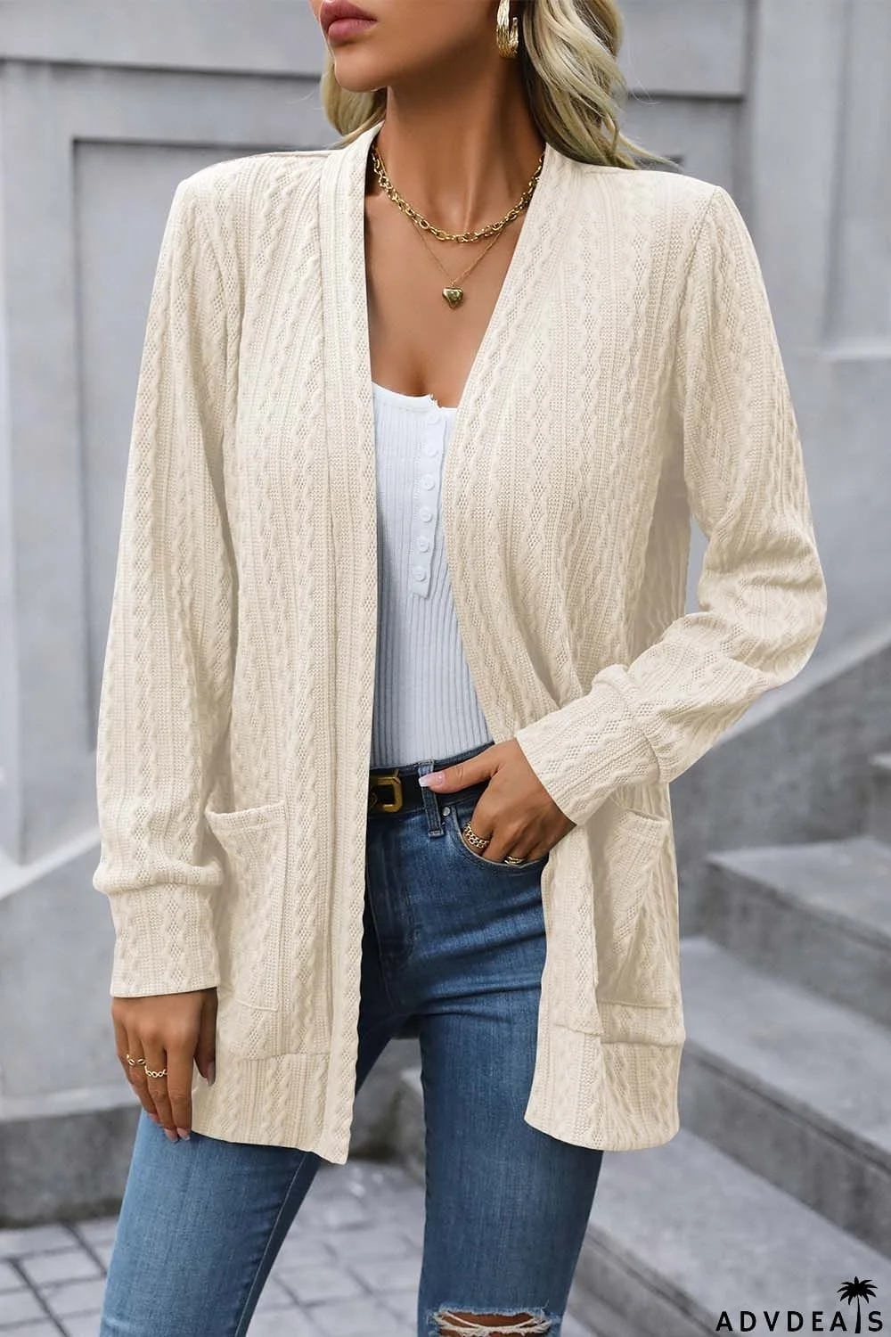 Cable-Knit Long Sleeve Cardigan with Pocket