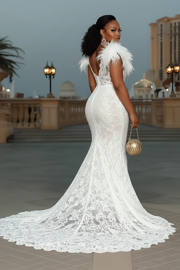 Fluffy Patchwork Fitted Mermaid Gowns Lace Maxi Dresses-White [Pre Order]