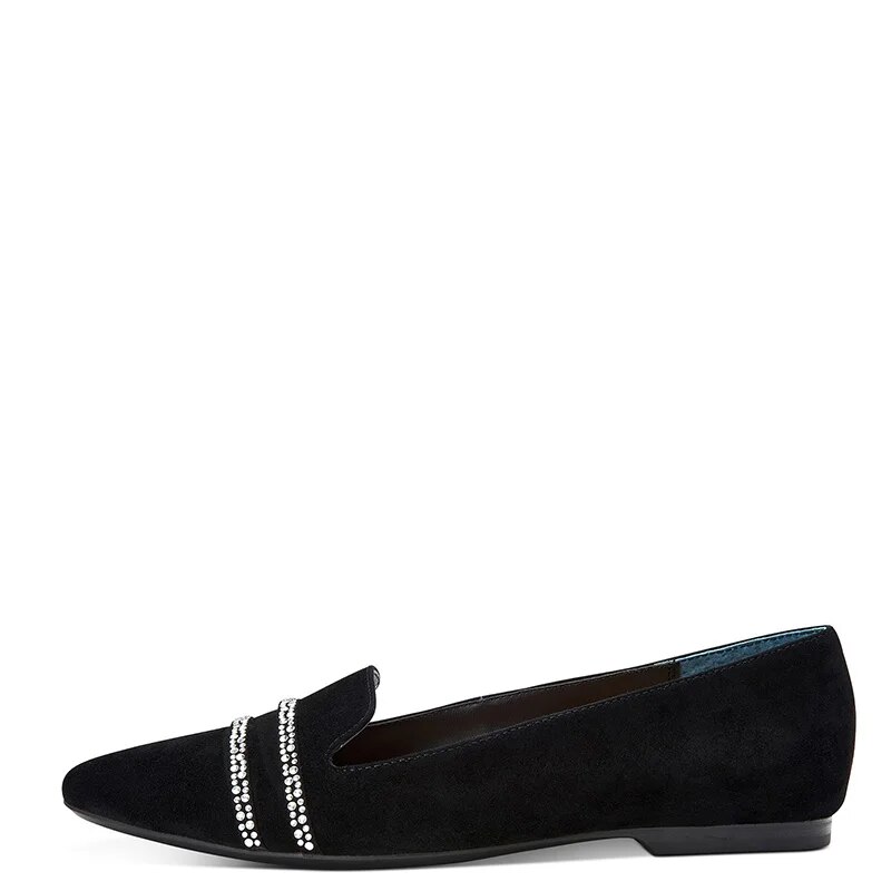 TAAFO Black Crystal Pionted Toe Flats Woman Loafers Lady Rhinestone Evening Party Shoes