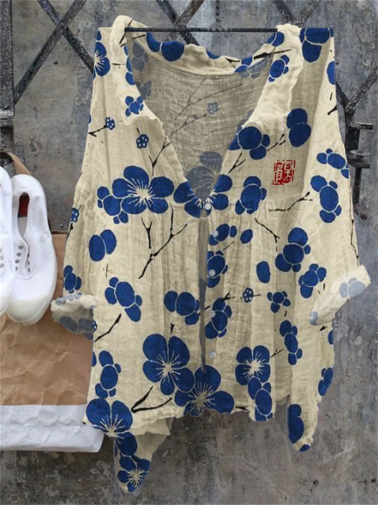 Comstylish Cherry Blossom Japanese Lino Art Flowy Tunic