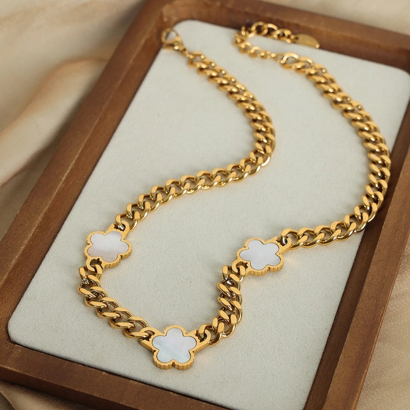 Casual Minimalist Flower Titanium Steel Acrylic Turquoise Shell 18K Gold Plated Plating Inlay Bracelets Necklace