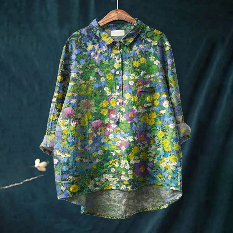 Comstylish Art Floral Print Loose Linen Blend Shirt