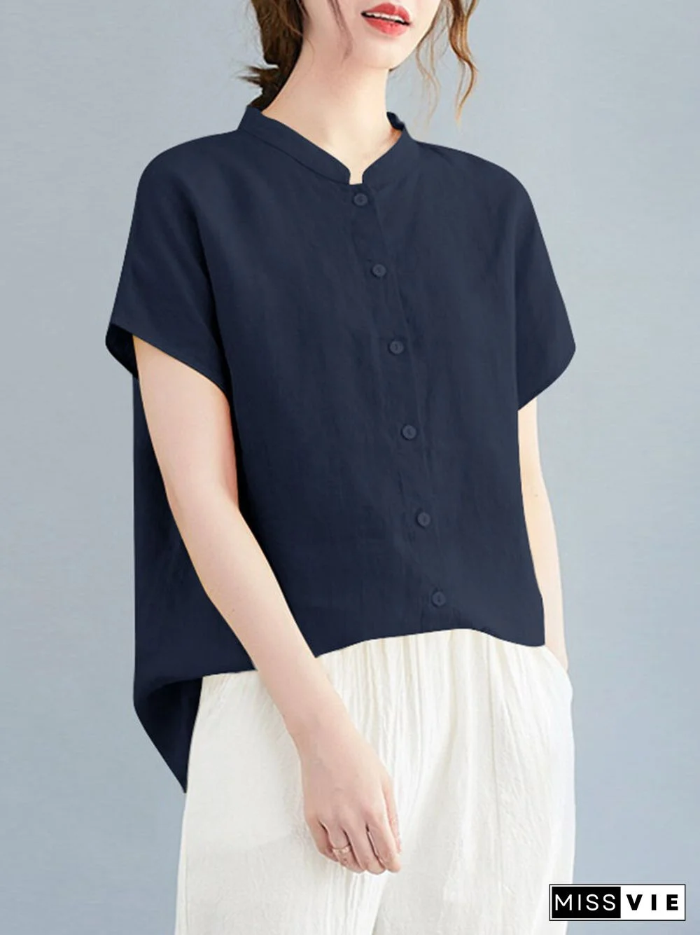 Cotton Solid Button Stand Collar Short Sleeve Casual Blouse
