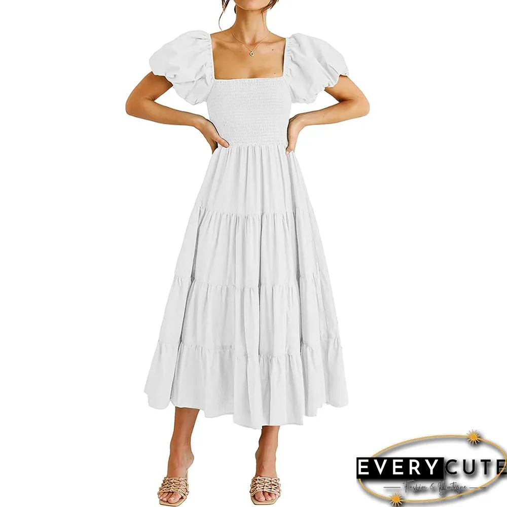 White Square Neck Puff Sleeve Pleated Casual Dress
