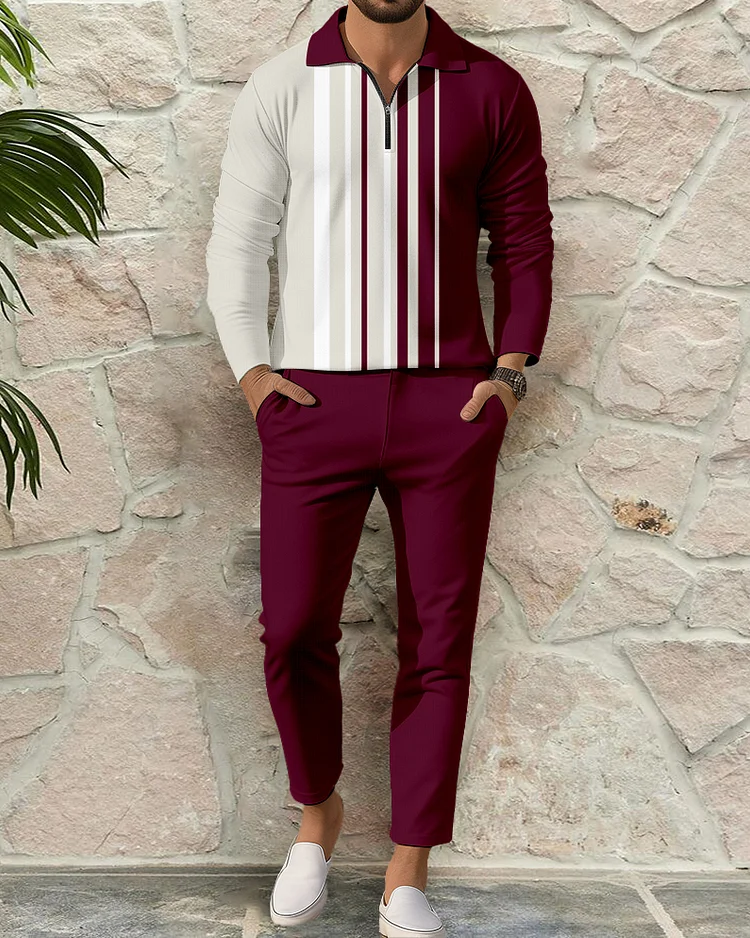 Men's Casual Colorblock Personalized Long Sleeve Polo Shirt Set 144