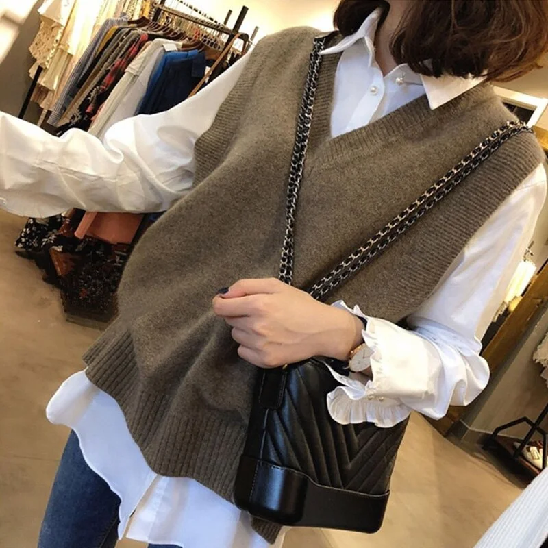 Autumn and winter women's sweater casual solid color V-neck sleeveless loose sweater