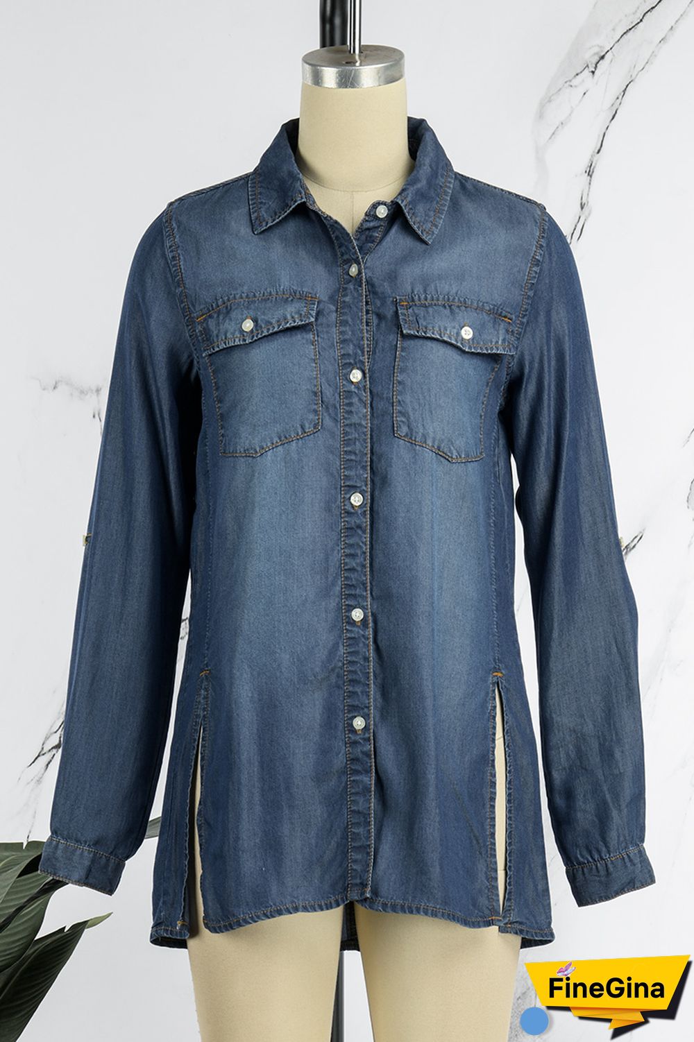 Blue Casual Solid Slit Turndown Collar Tops