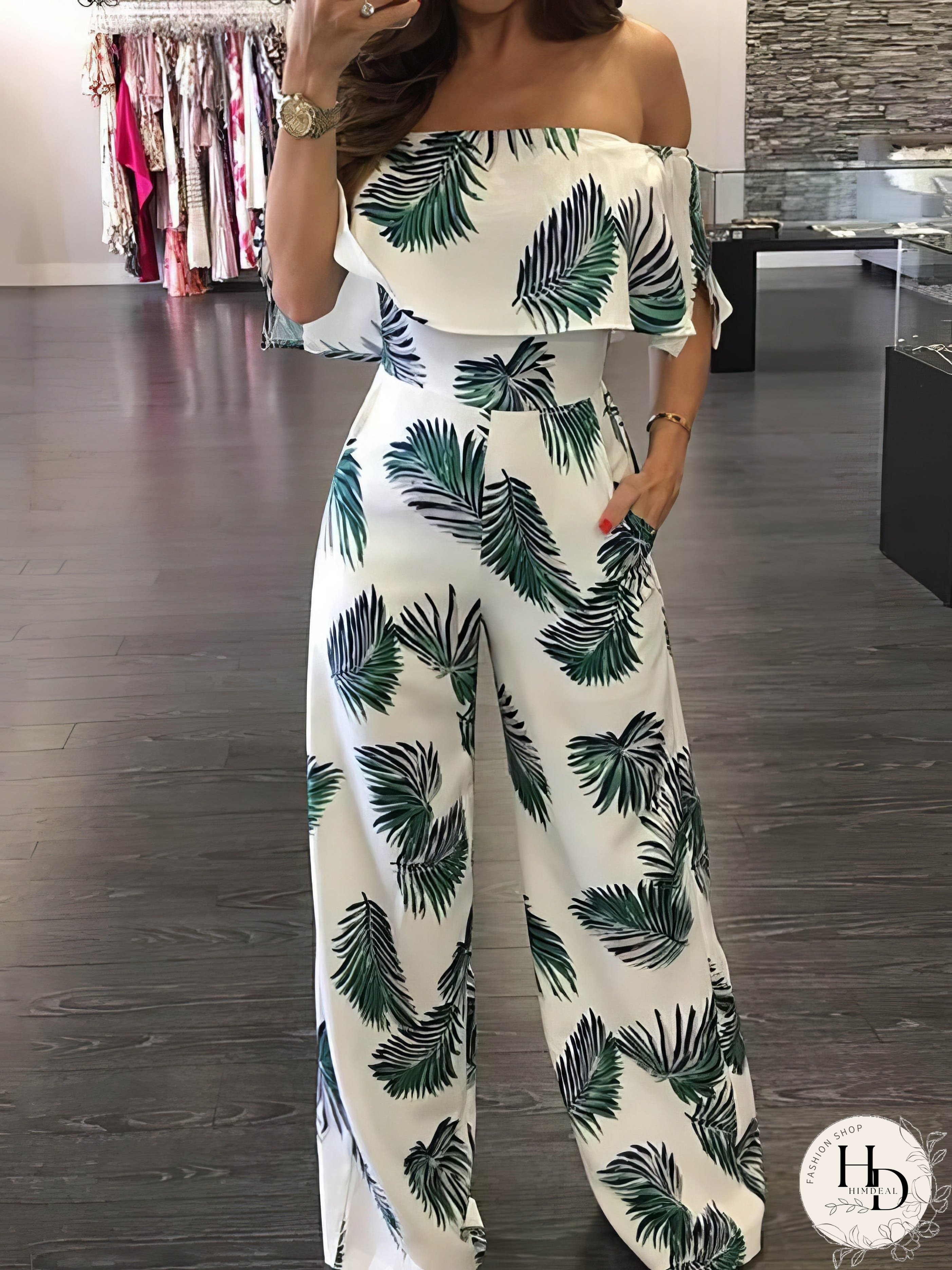 Fashion Print Frilled Off Shoulder Flared Jumpsuit