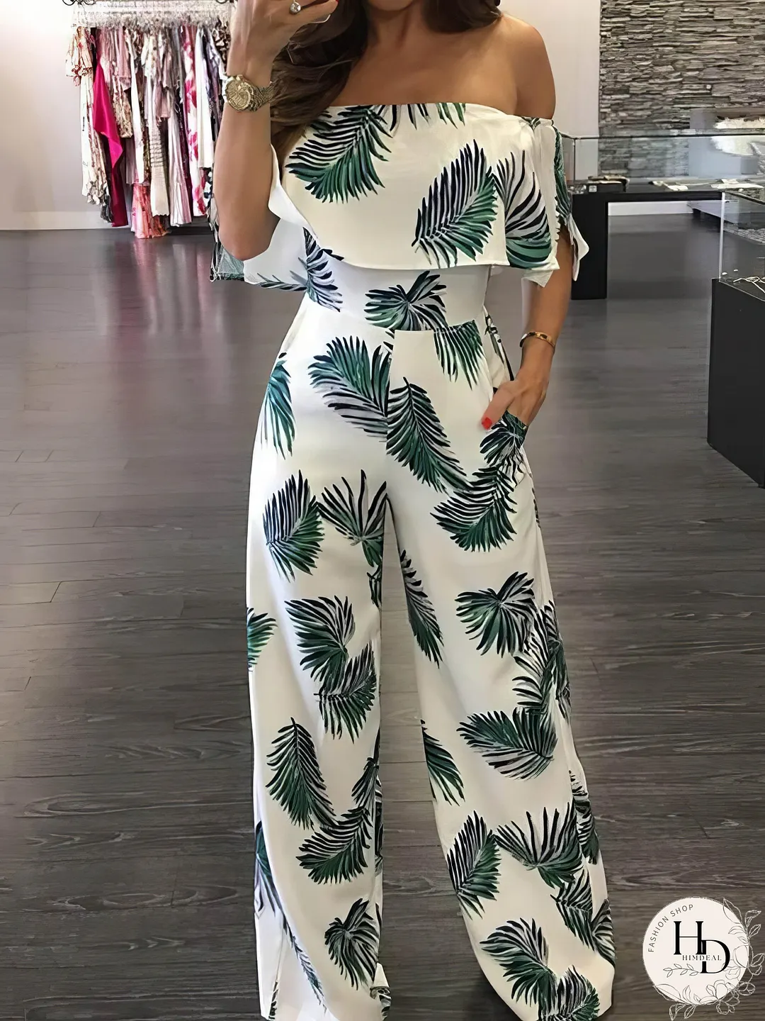 Fashion Print Frilled Off Shoulder Flared Jumpsuit