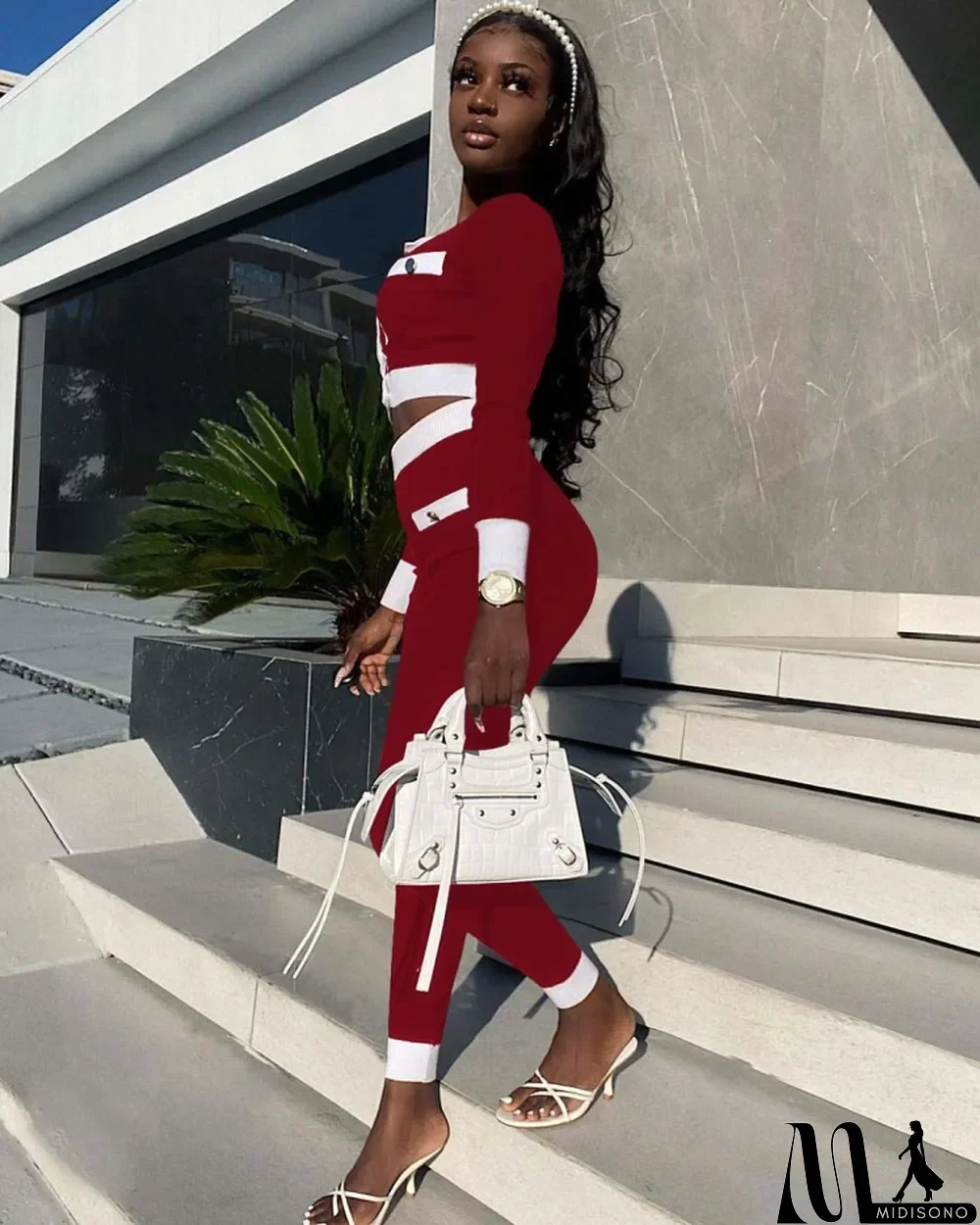 MidiSono - Winter Wholesale 2 Piece Outfits Red Contrast White Long Sleeve Top And Pant Set