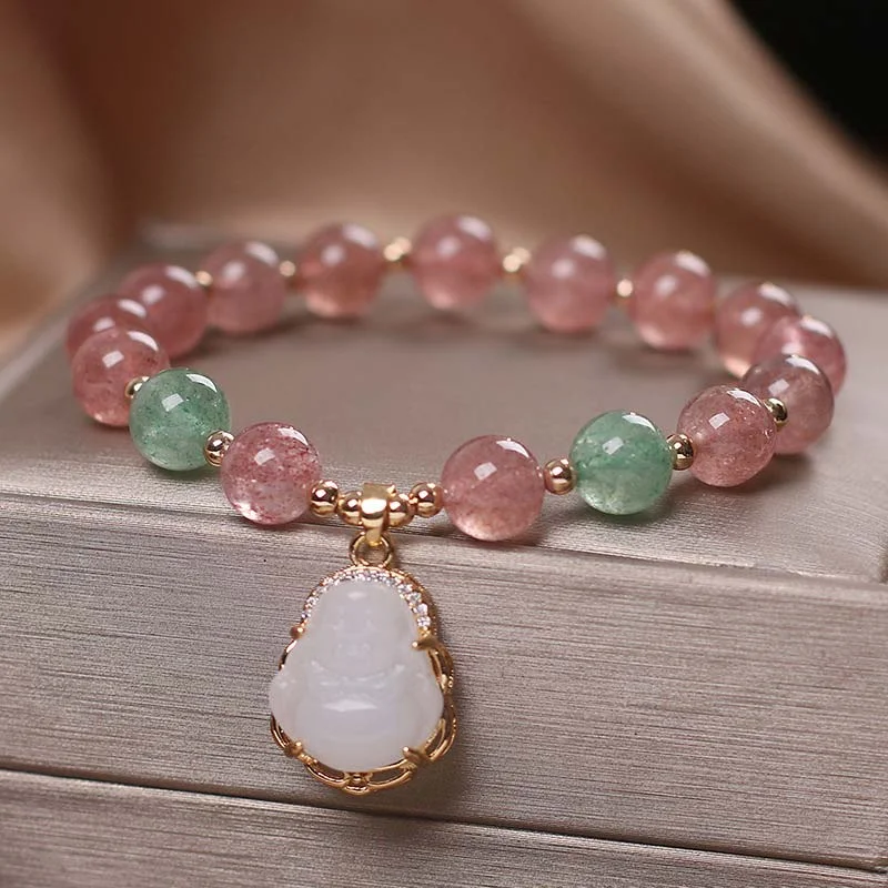 Natural Strawberry Quartz Jade Buddha Protection Healing Bracelet