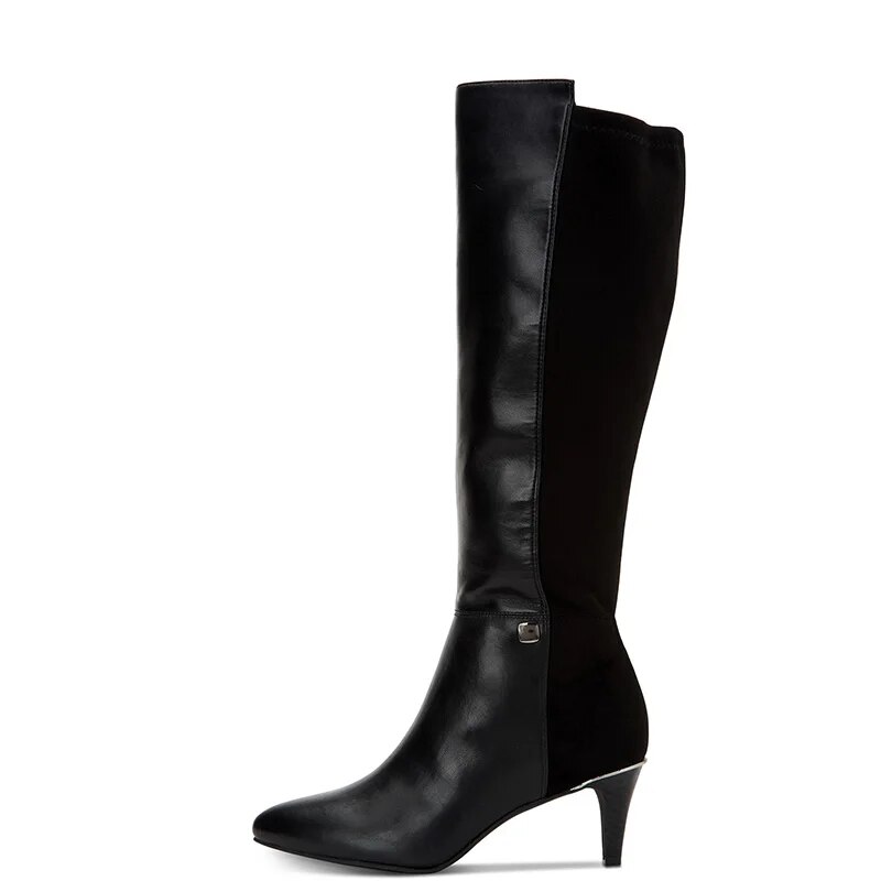 TAAFO Black Patchwork Knee Long Boots High Kitten Heels Women Round Toe Zipper For Ladies Shoes