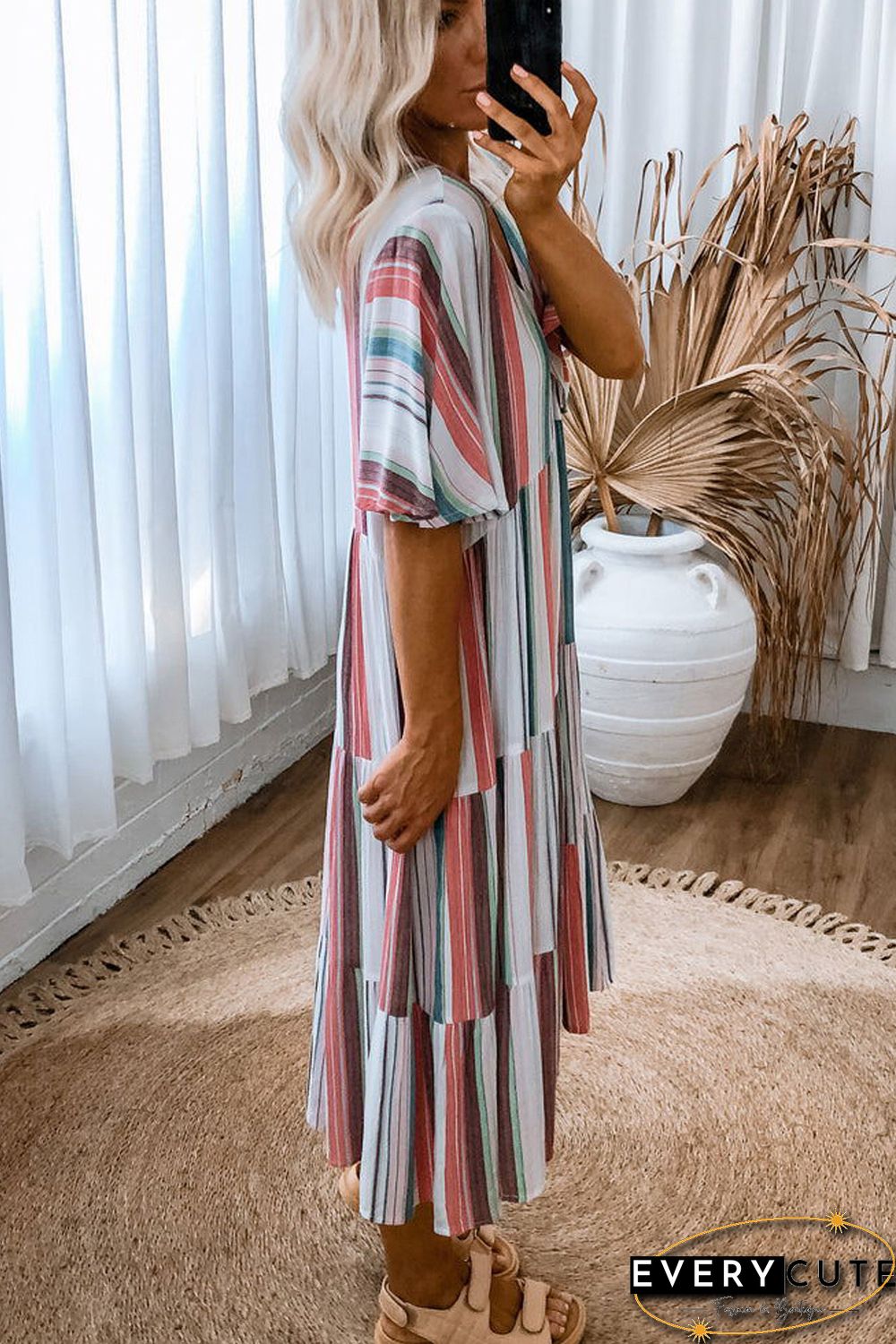 Serape Striped V Neck Buttoned Shirt Dress