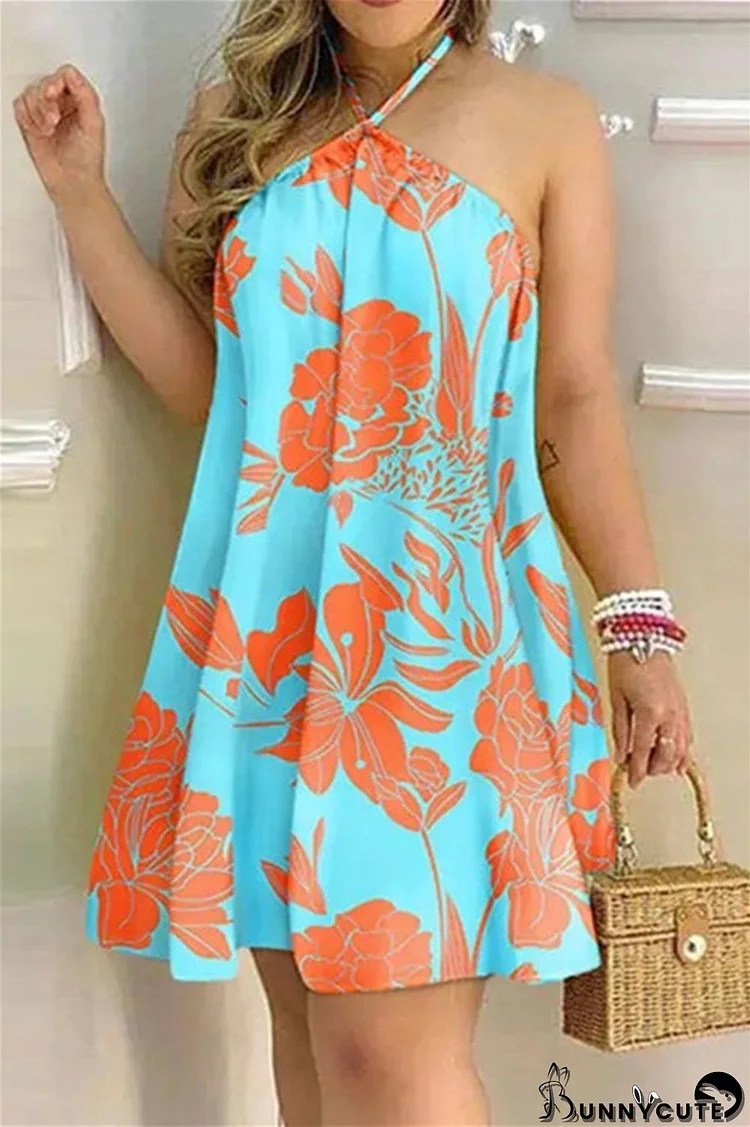 Blue Orange Fashion Casual Print Bandage Backless Halter Sleeveless Dress Dresses