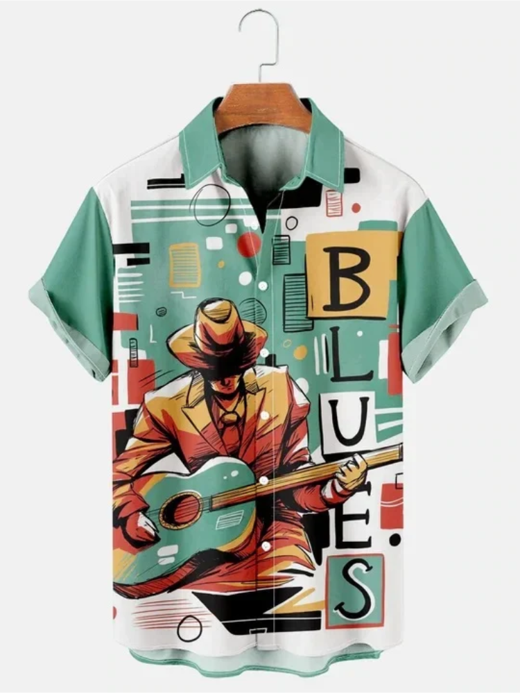 BrosWear Men'S Casual Simple Blues Music Guitar Print Short Sleeve Hawaiian Shirt