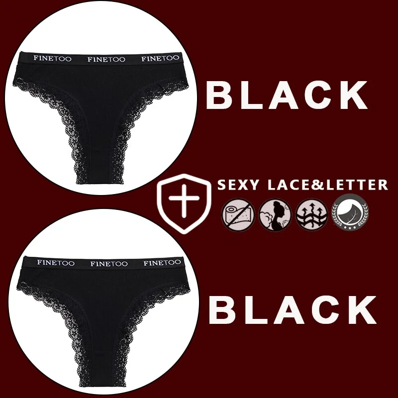 FINETOO 2PCS/Set Women's Cotton Panties Girls Letter Thongs Brazilian Pantys Sexy Lace Underwear For Woman Lingerie Bikini Panty