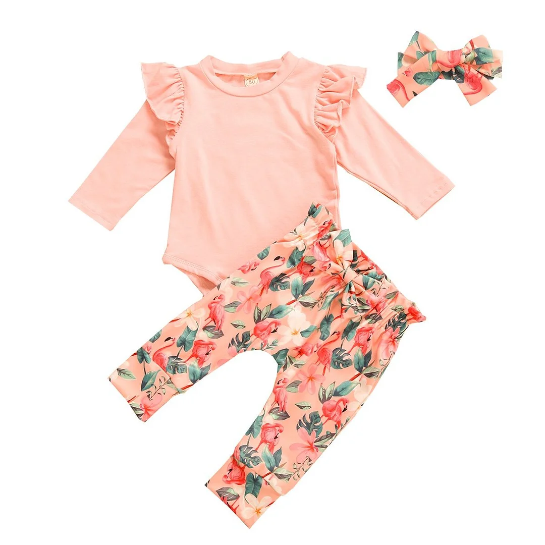 Infant Baby Girl 3Pcs Outfit Plain Ruffled Long Sleeve Romper Flamingo Print Legging Pant Casual Spring Autumn Clothing Set