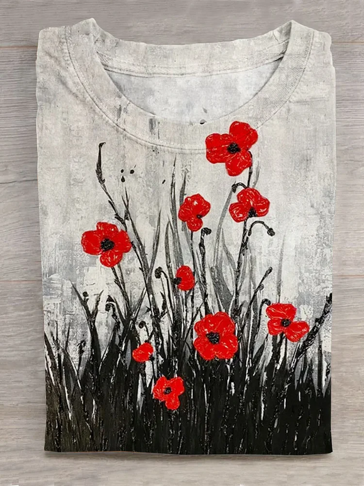 Retro Poppy Flowers Painting Art Pattern Print Casual T-shirt