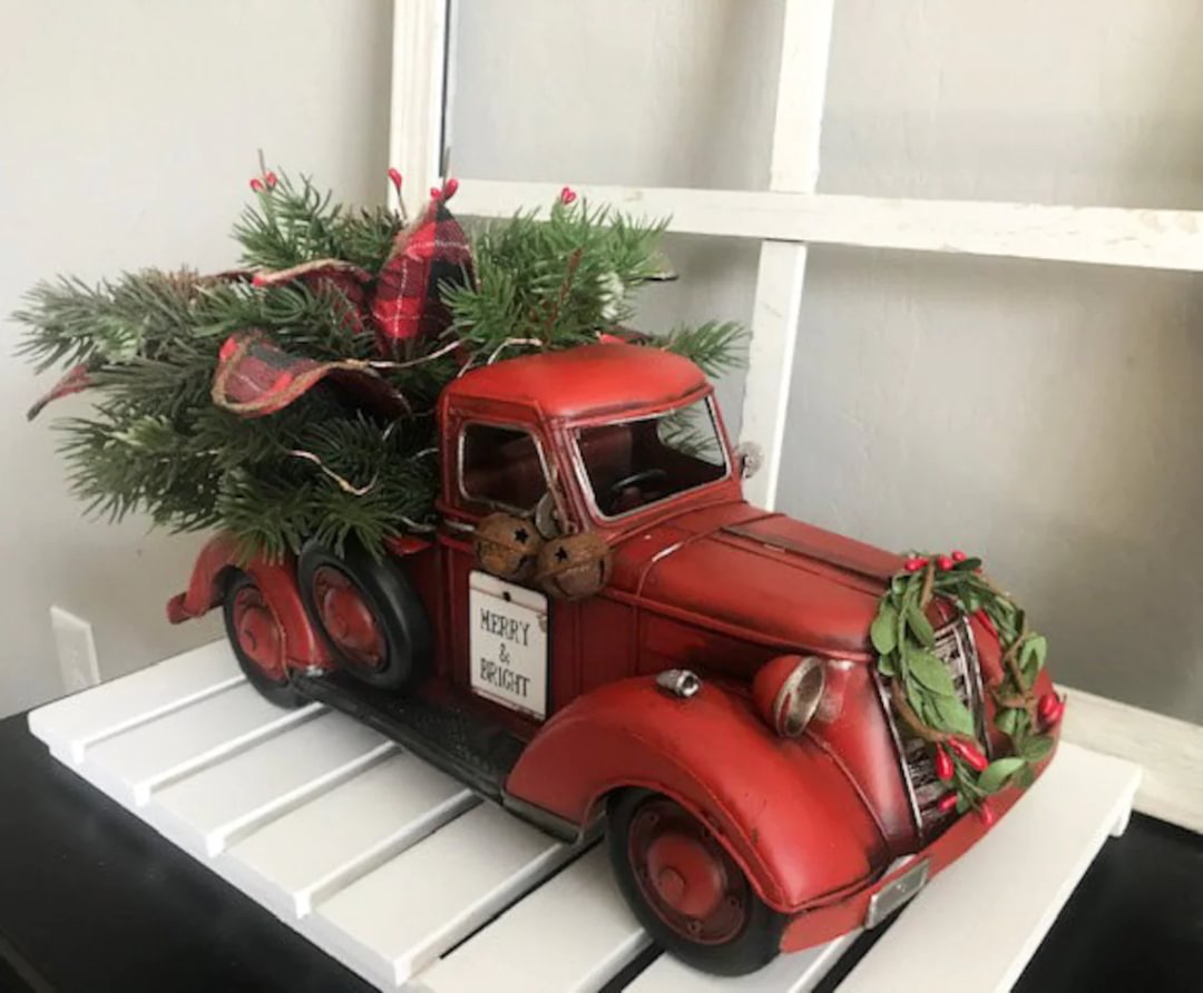 🔥Christmas Hot Sale 49% Off🔔Christmas Red Truck Floral Centerpiece Table Rustic Holiday Decor🎄