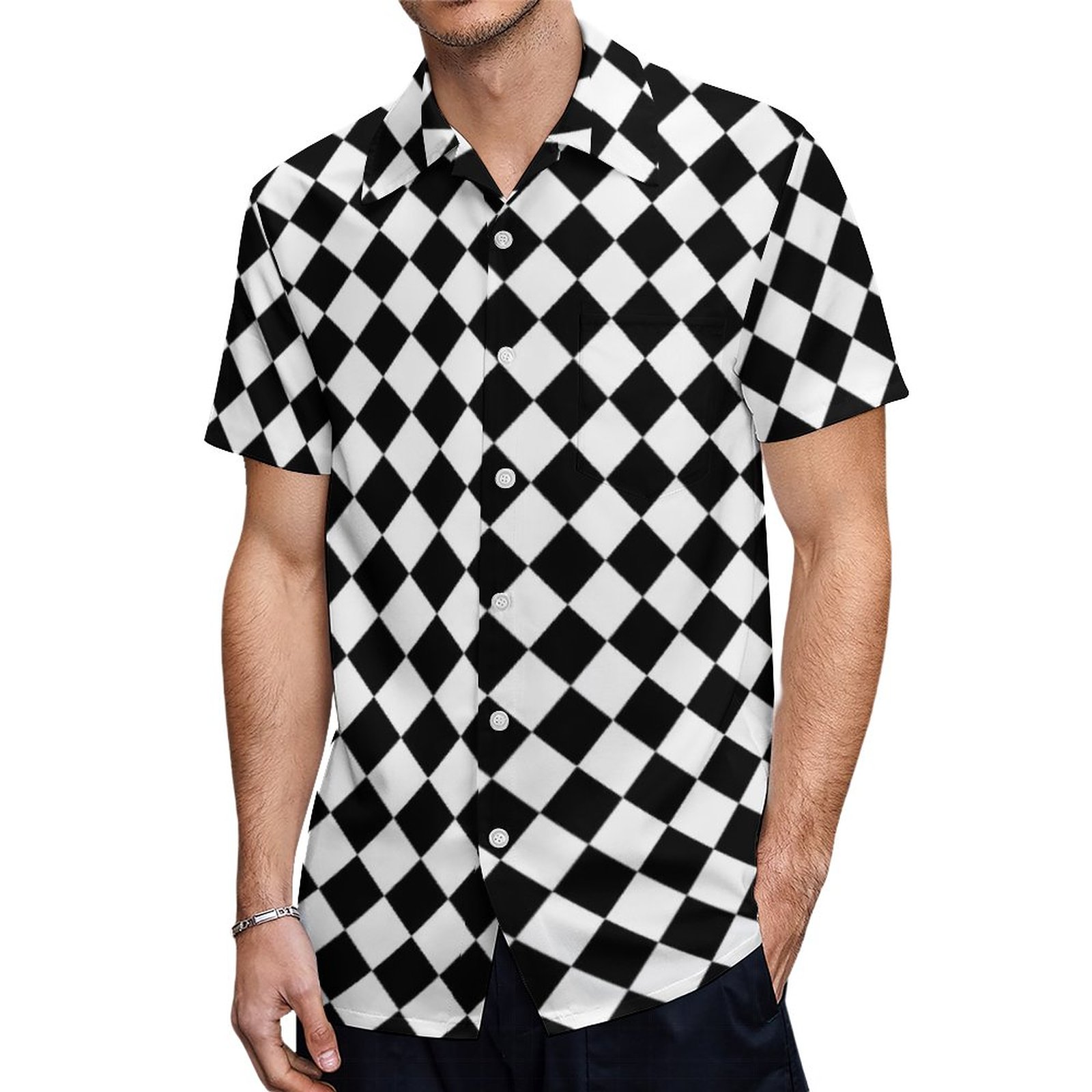 Black And White Harlequin Checks Pattern Hawaiian Shirt Mens Button Down Plus Size Tropical Hawaii Beach Shirts
