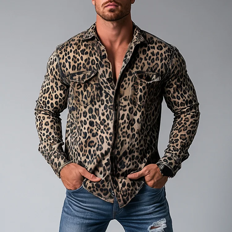 Okaywear Long Sleeve Button Leopard Pattern Denim Shirt 