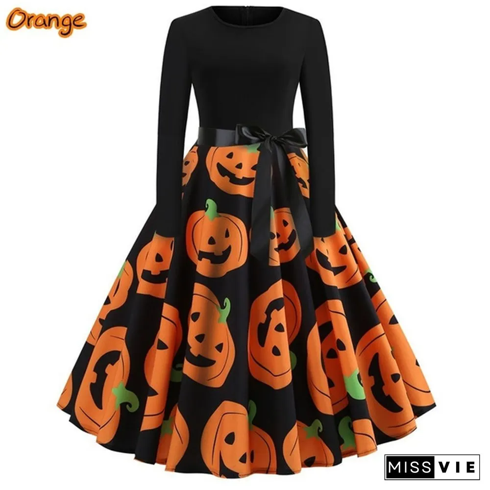 Fashion Women Christmas Swing Party Dress Printing Long sleeve Festival prom belt evening