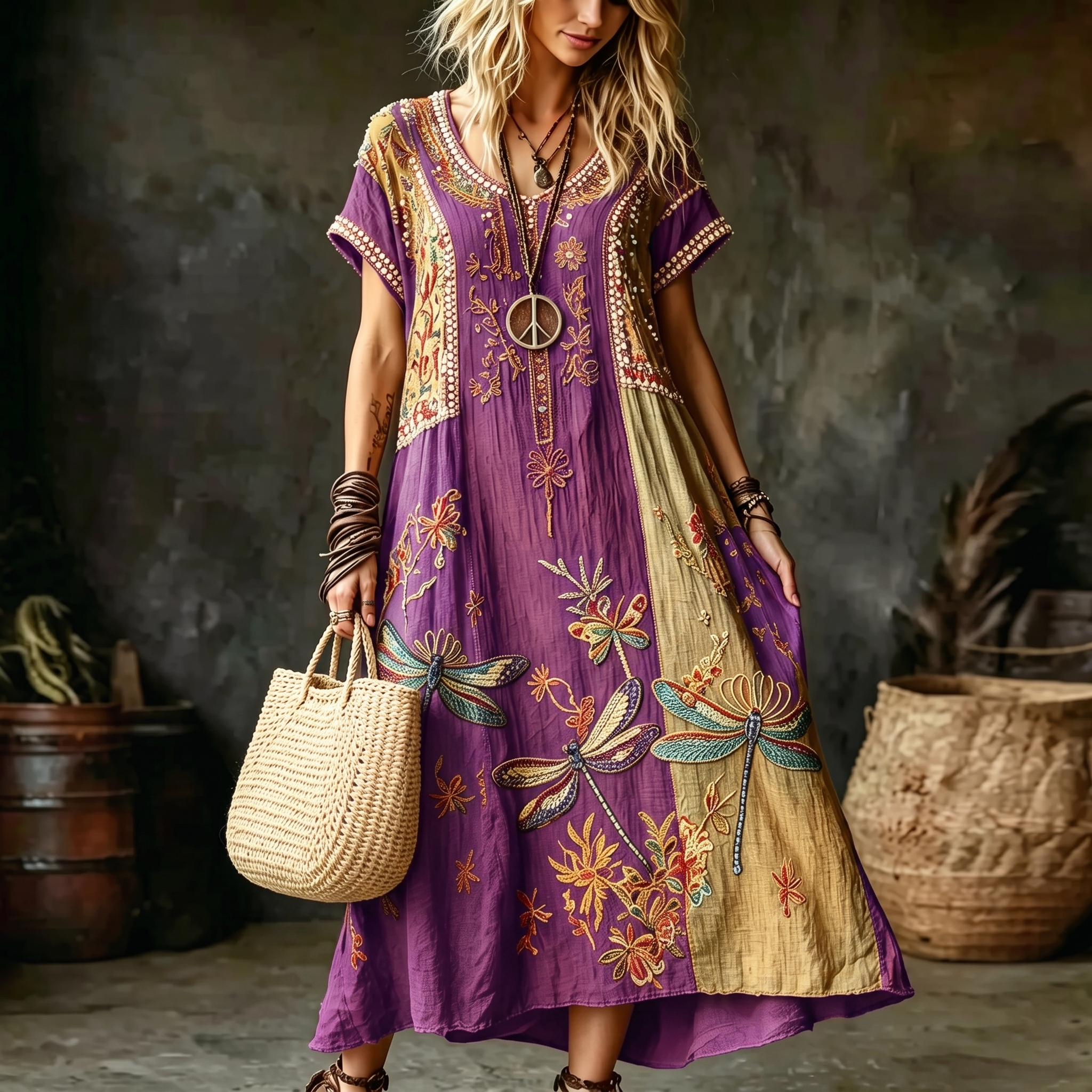 Women's Vintage Hippie Floral And Dragonfly In Patchwork Pattern Art Embroidered Linen Blend Maxi Dress elevenforest