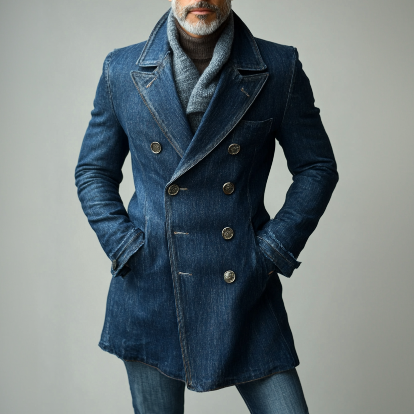 Men's Fashion Denim Peak Lapel Double-breasted Slant Pockets Overcoat