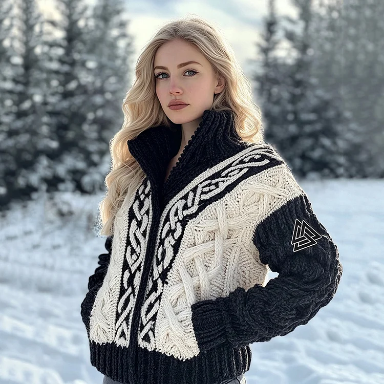 Women's Viking Tribal Jacquard Celtic Inspired Chunky Knit Zipper Cardigan