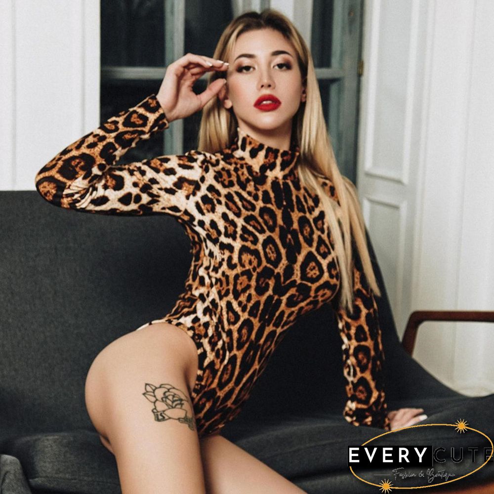 Sexy Leopard-Printed Bodycon Bodysuits Spring Women Long Sleeve Mock Neck Skinny Body Suit