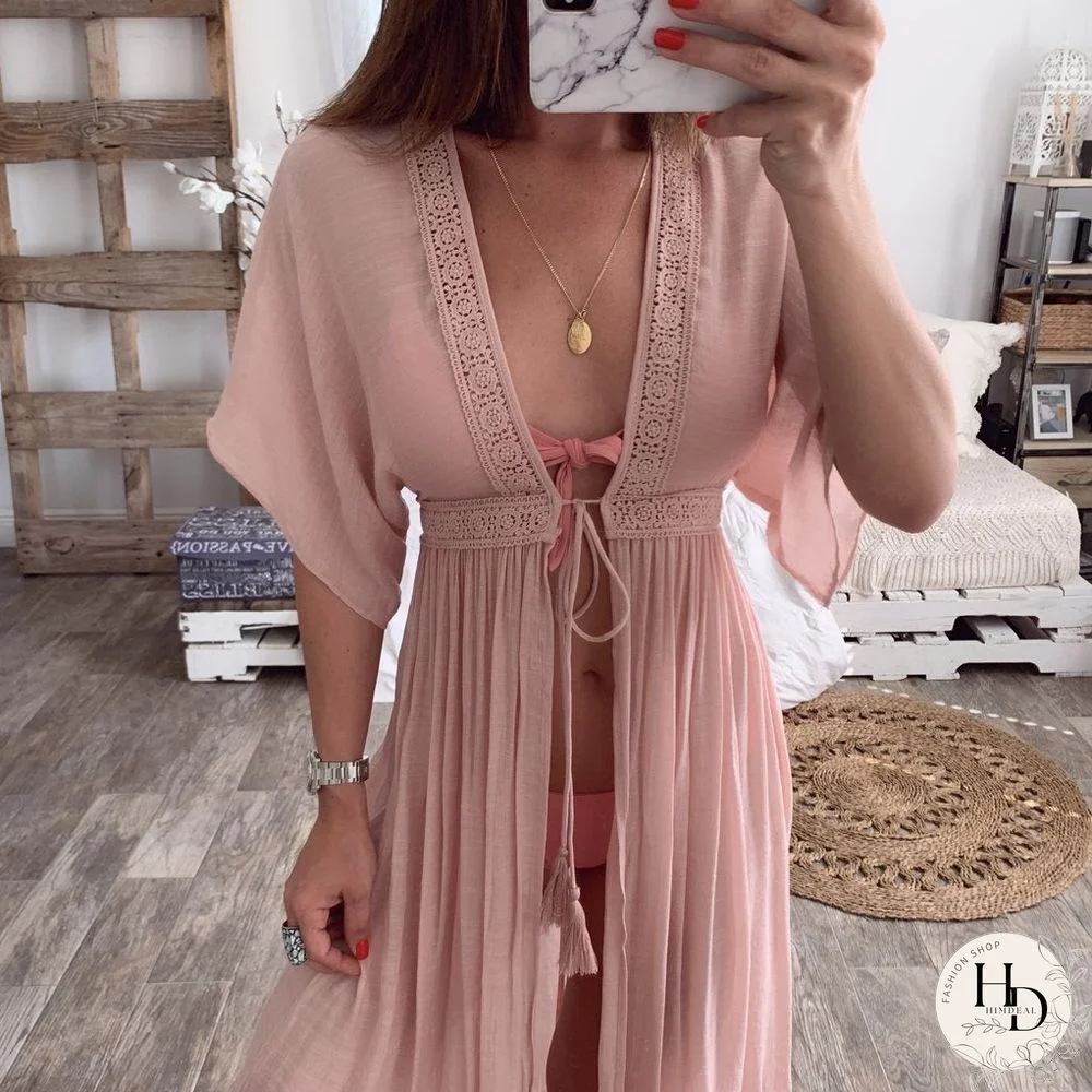 Summer Lace Cardigan Solid Color Holiday Style Dress Long Skirt