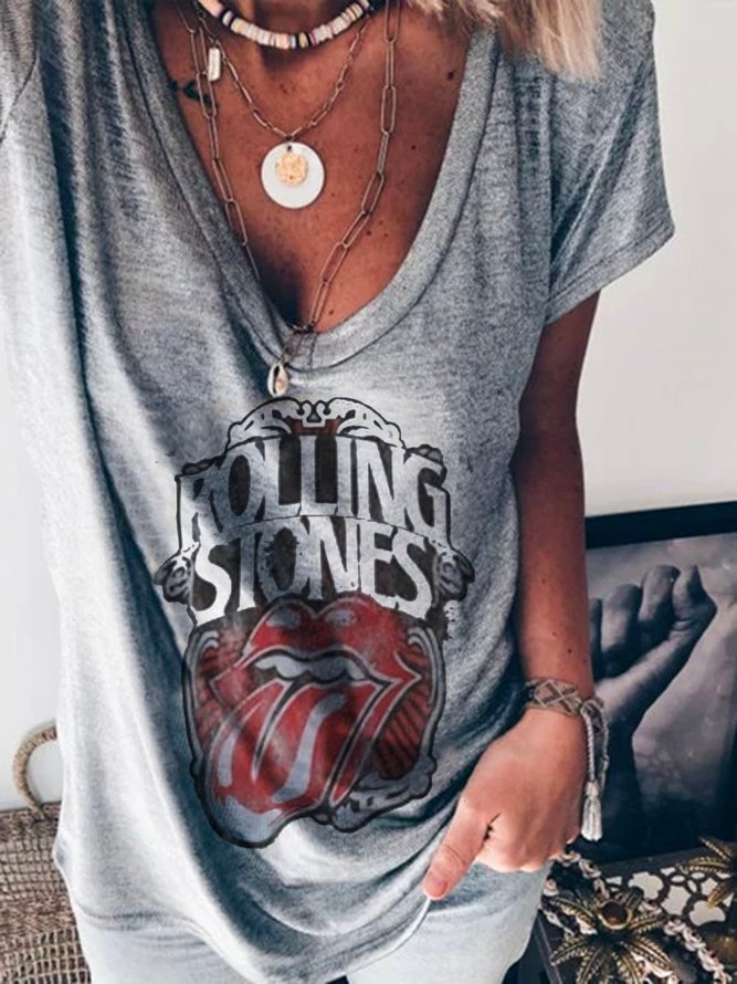 Short Sleeve V Neck  Printed Shirts & Tops