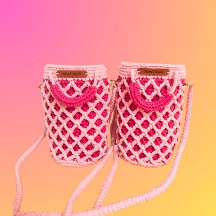 Lulusnow Handmade Pink Crochet Bucket Bag Crochet Crossbody Bag Phone Bag
