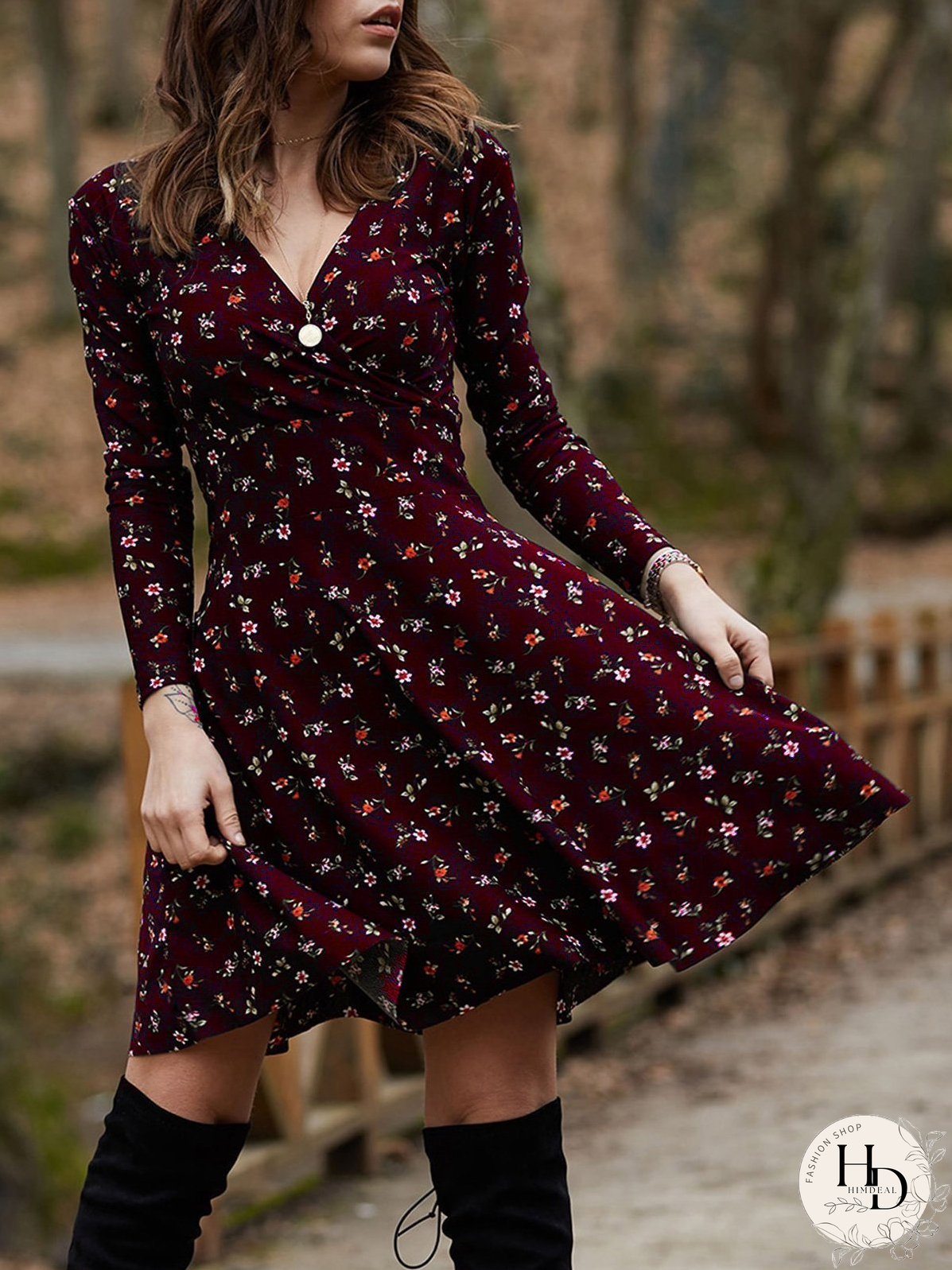 Dresses Floral Long Sleeve V-Neck Mini Dress for Women