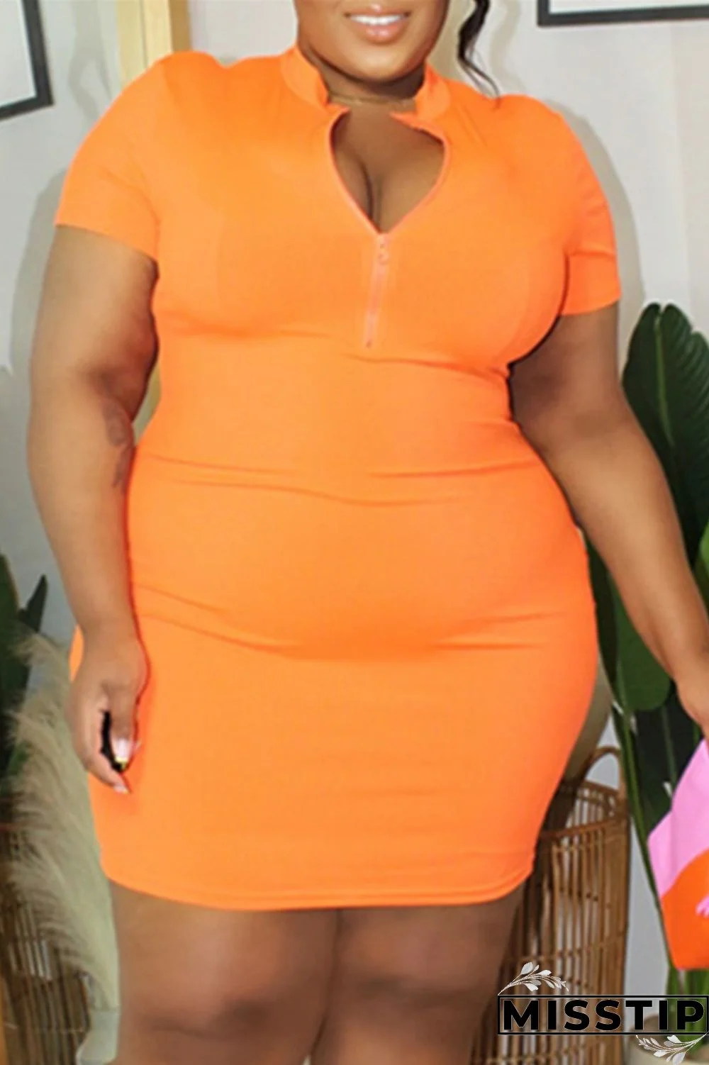 Yellow Fashion Casual Plus Size Solid Basic Zipper Collar Short Sleeve Dress