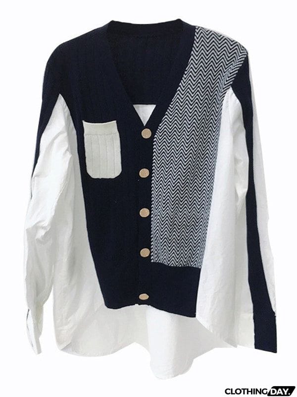 Urban Long Sleeves Contrast Color Split-Joint V-Neck Cardigan Tops