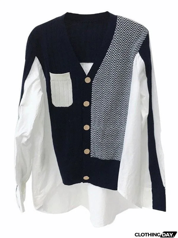 Urban Long Sleeves Contrast Color Split-Joint V-Neck Cardigan Tops