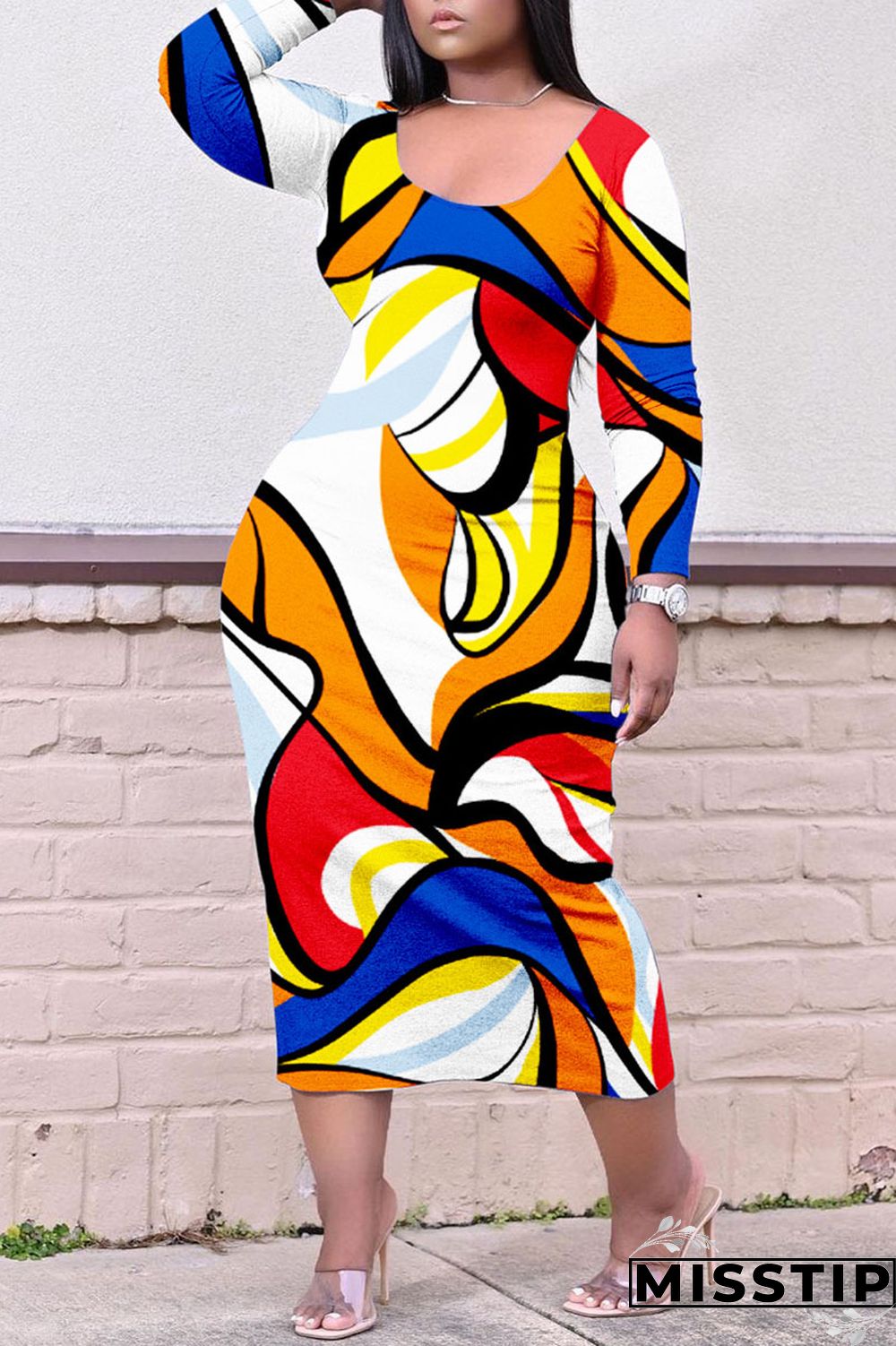 Colour Casual Print Patchwork O Neck Straight Plus Size Dresses