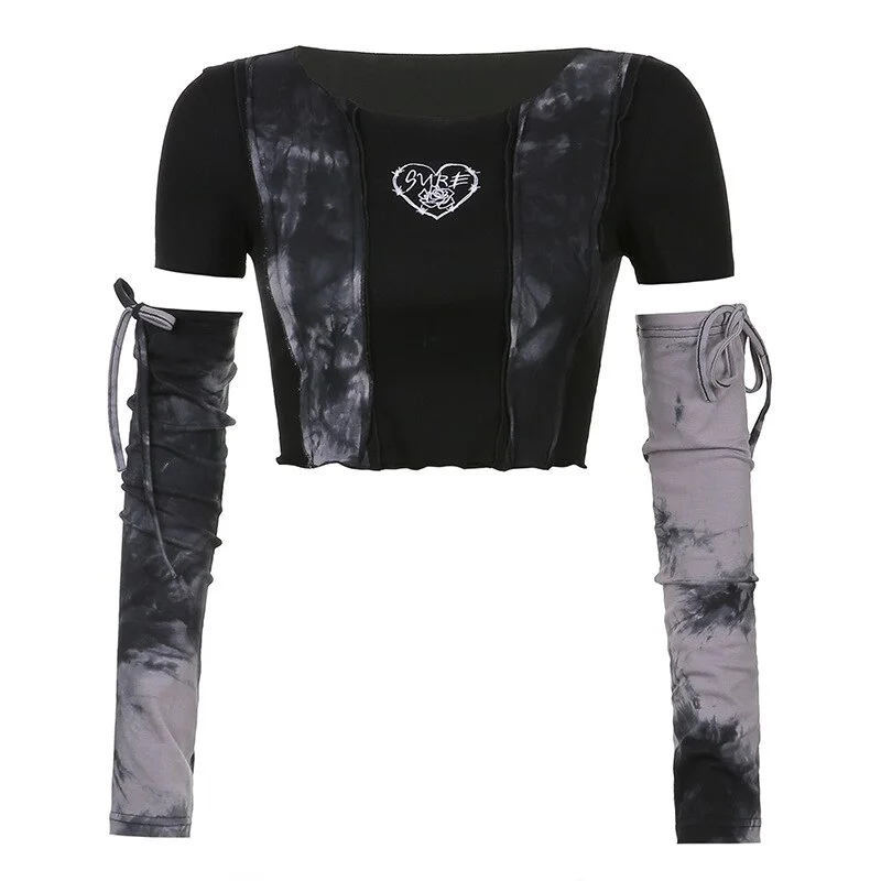 Jangj Streetwear Grunge Black T-shirts Women Fashion Patchwork Y2K T-shirt with Arm Sleeve Harajuku Crop Top Gothic Tie Up Tees