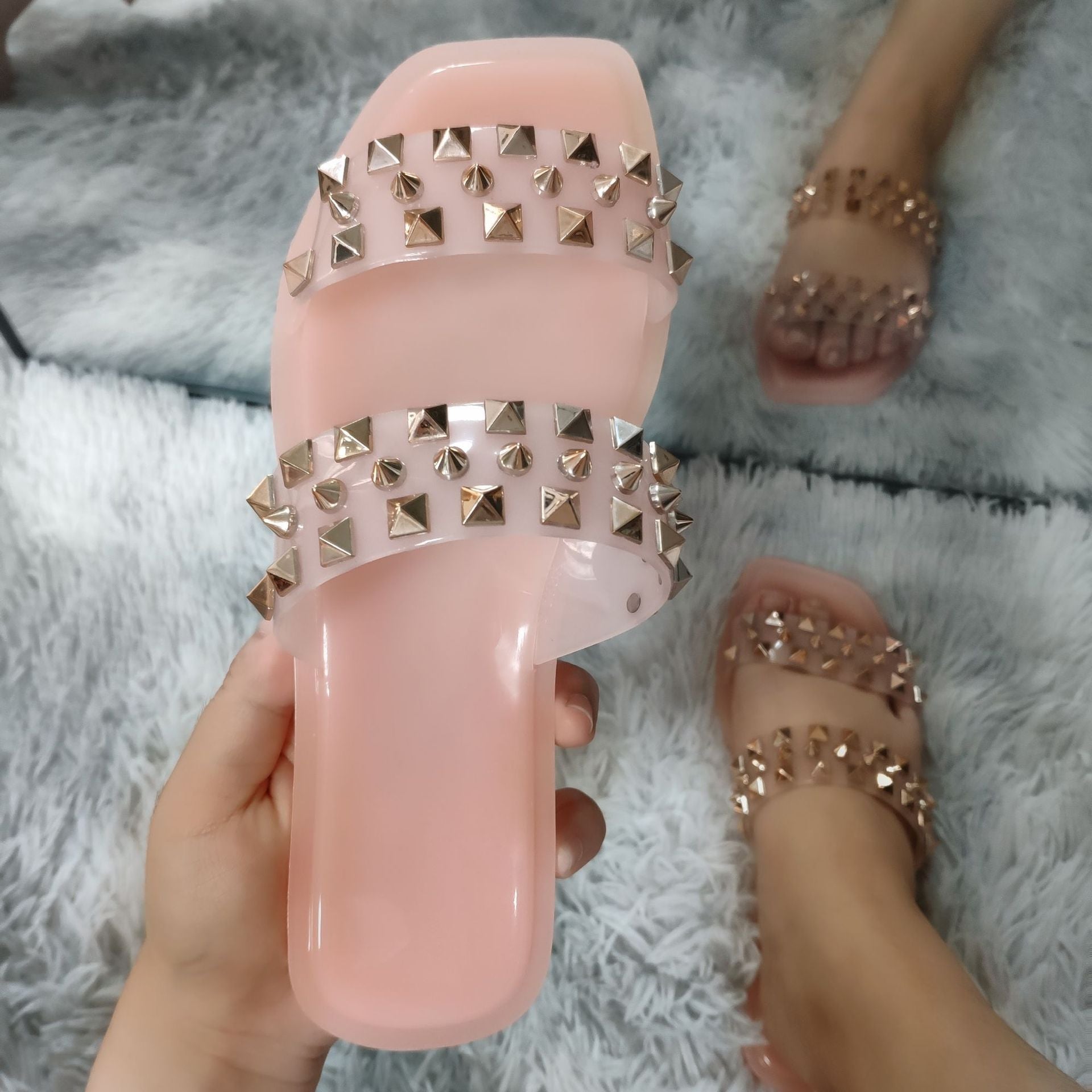 Women's 2 straps studded flat jelly slides | Crystal rivets summer outdoors slippers
