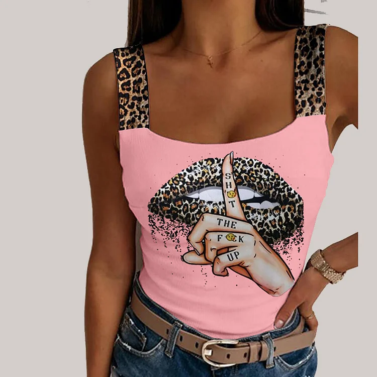 Women Leopard Lips Print Tank Tops Summer Sexy Vintage Solid Sleeveless Bustier Vest Tees Lady Party Club Streetwear Crop Tops