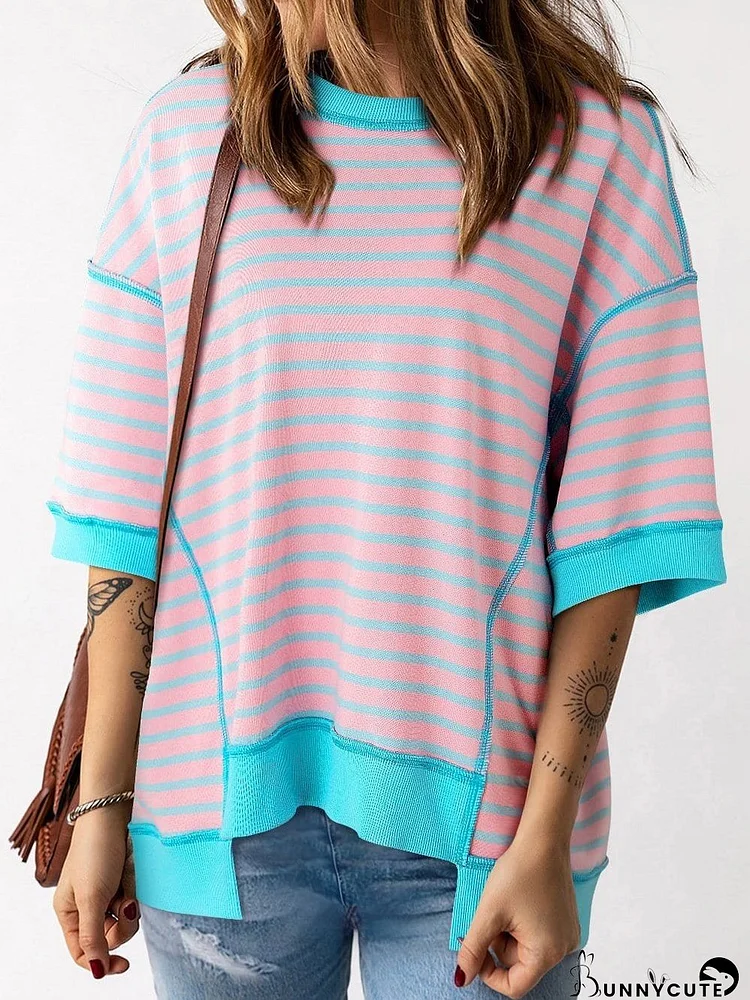 Pink Striped High Low T-Shirt with Exposed Seams and Contrast Trim