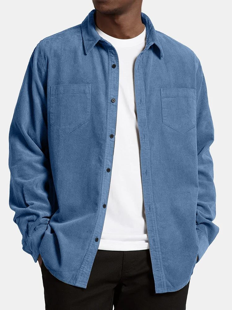 Men's Casual Solid Color Double Pocket Corduroy Long Sleeve Shirt