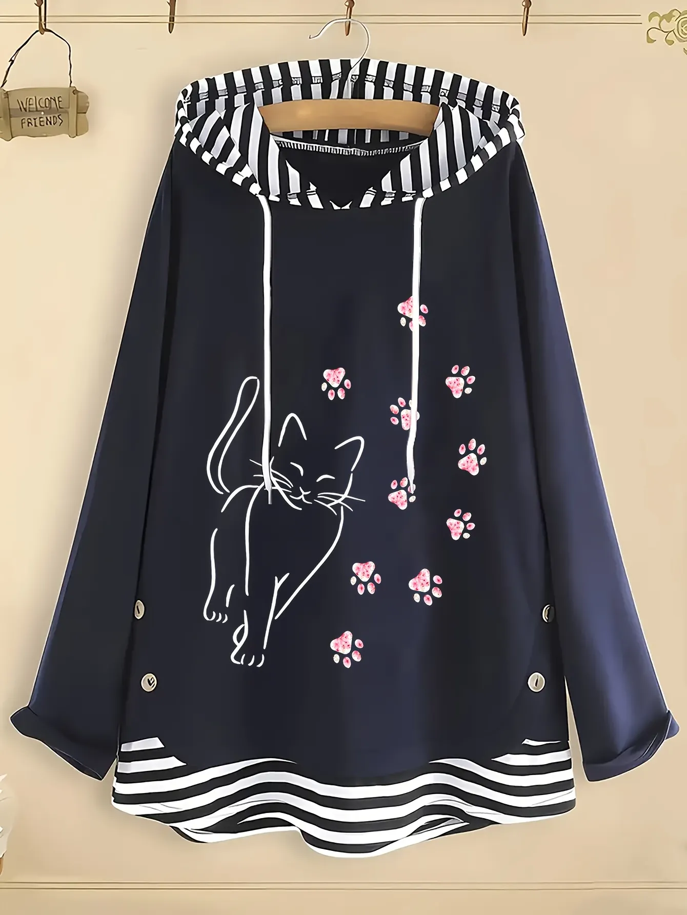Womens Casual Elegant Long Sleeve Hoodie With Nope Letter Print And Vintage Stripes