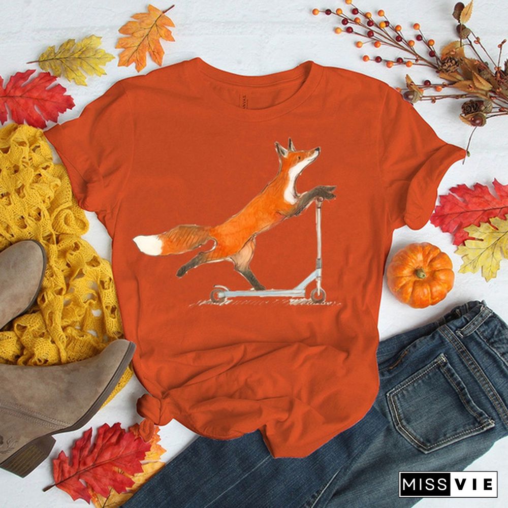 Cute Fox T-shirts For Women Summer Lovely Short Sleeve Casual T-shirts Funny Ladies Round Neck Tops