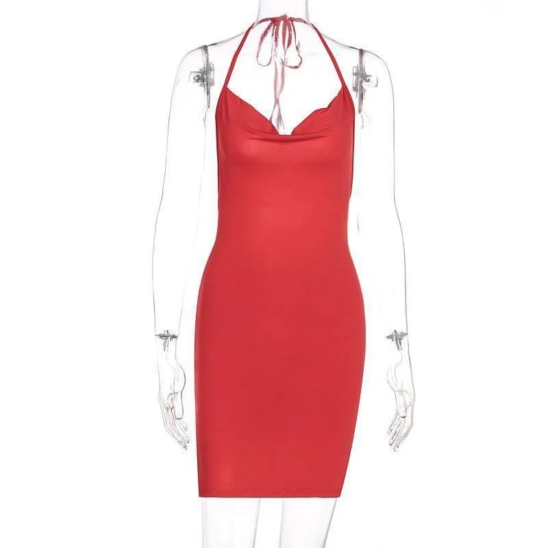 Uveng Uveng Women's New 2023 Spring Ins Wind Fashion Slit Bow Exposed Back Hanging Neck Short Dress Woman