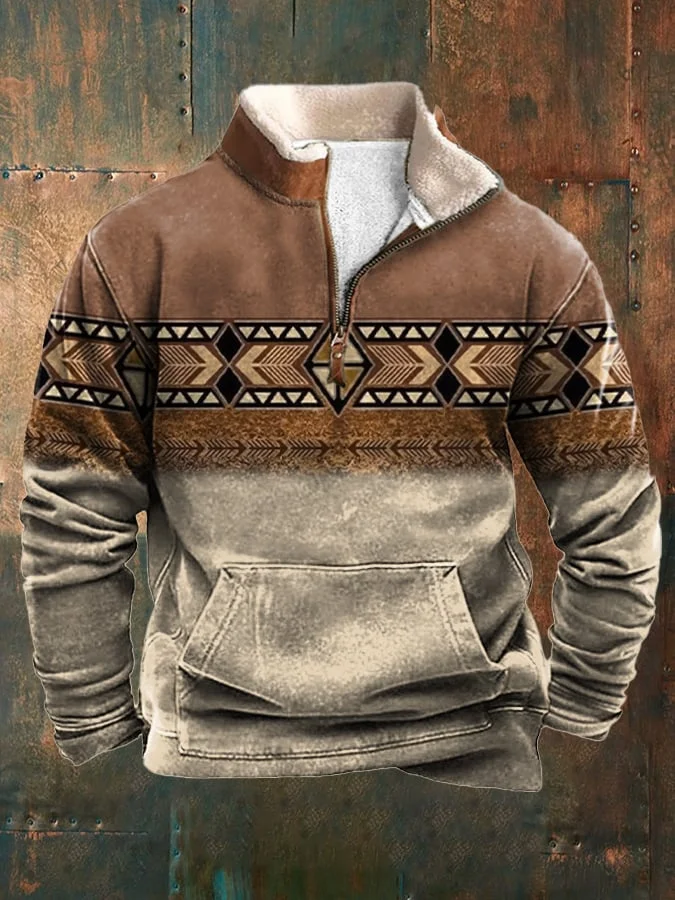 Men's Retro Geometric Western Print Zip Sweatshirt